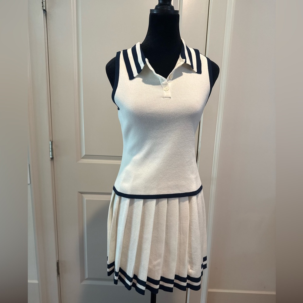 2 PC Set Skies Are Blue Navy & White  Knit Sleeveless Polo Shirt & Pleated Skirt